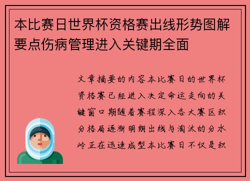 本比赛日世界杯资格赛出线形势图解要点伤病管理进入关键期全面